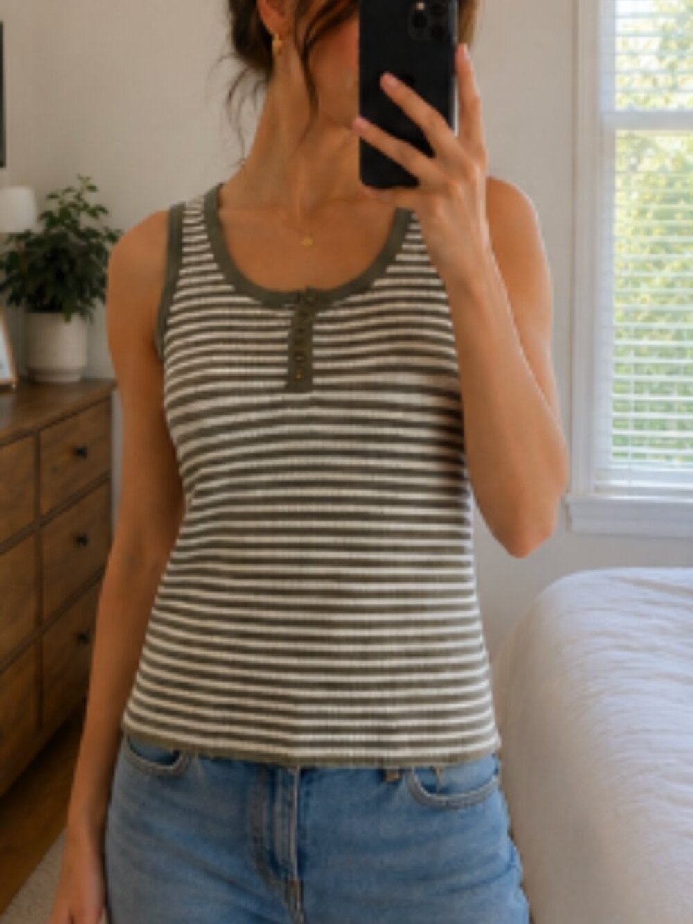 Vintage 90s Wardrobe Essentials Olive Green Striped Ribbed Henley Tank Top